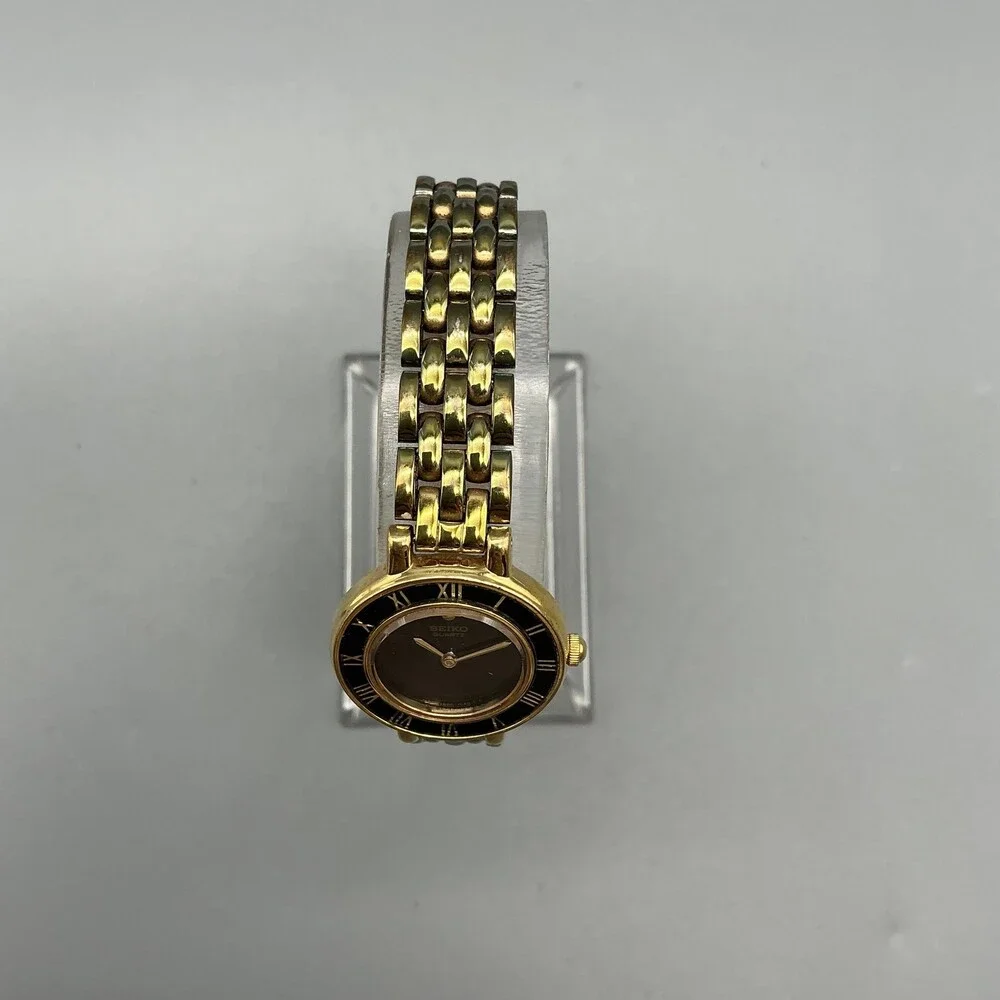 Vintage Seiko Womens Watch 21mm Black Dial Gold Tone 1N00-0D29 New Battery 6.5